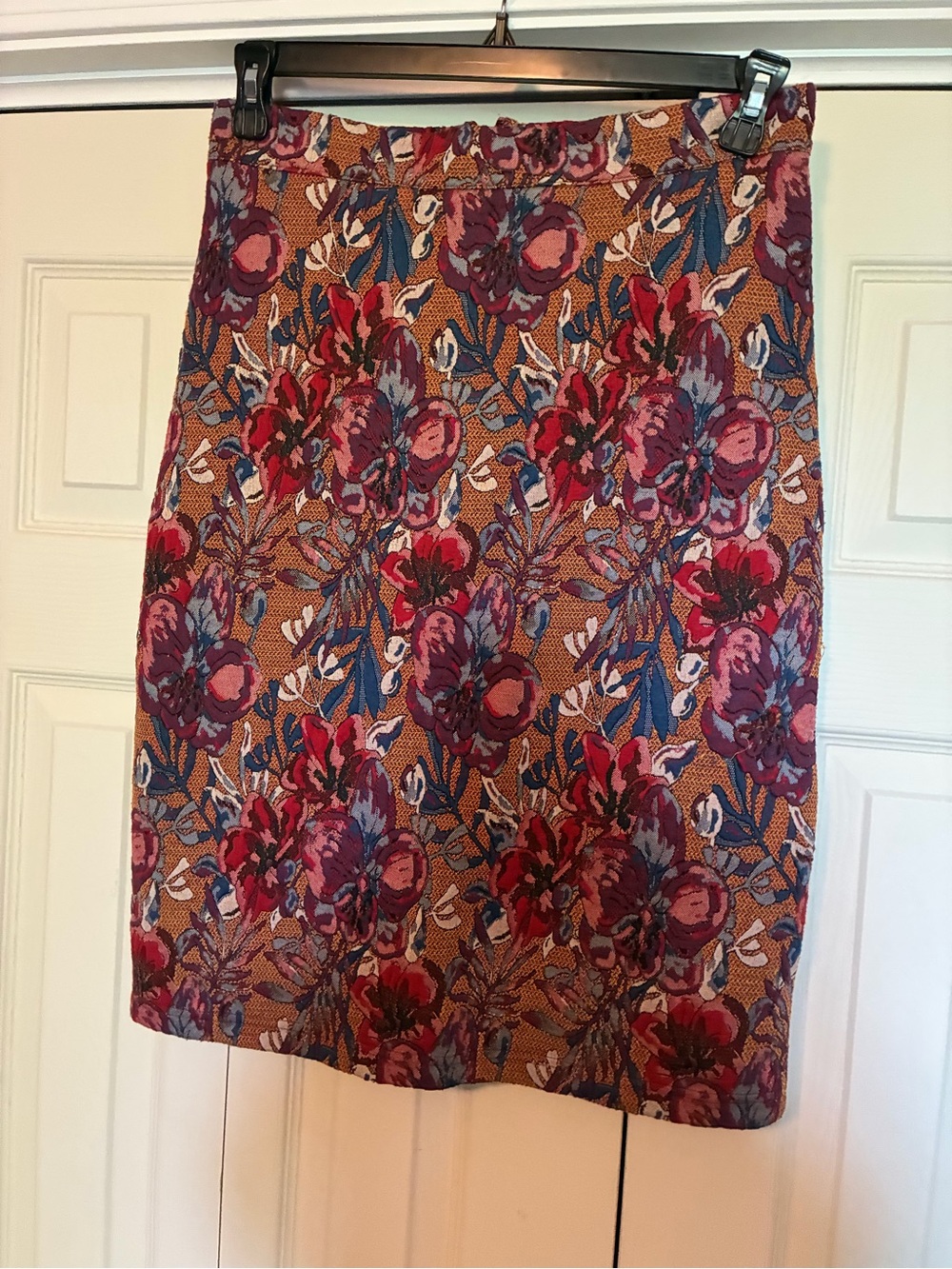 Gorgeous Floral Pencil Skirt in Mustard with Red & Purple Blooms